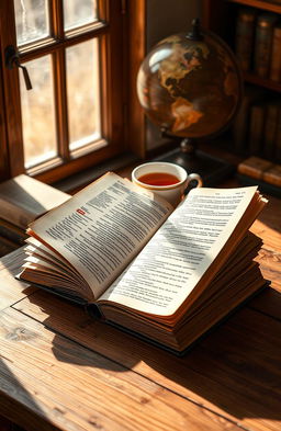A beautifully designed, open dictionary on a wooden desk, showcasing its colorful pages