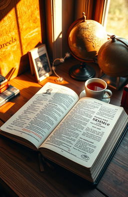 A beautifully designed, open dictionary on a wooden desk, showcasing its colorful pages