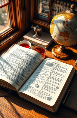 A beautifully designed, open dictionary on a wooden desk, showcasing its colorful pages