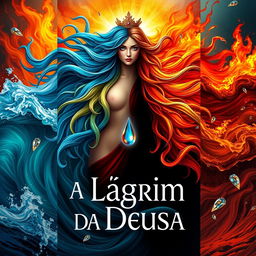 A captivating book cover design for 'A Lágrima da Deusa', emphasizing the elemental themes of fire, water, and the symbolic tear of the goddess