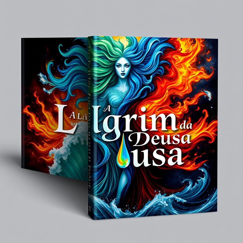 A captivating book cover design for 'A Lágrima da Deusa', emphasizing the elemental themes of fire, water, and the symbolic tear of the goddess