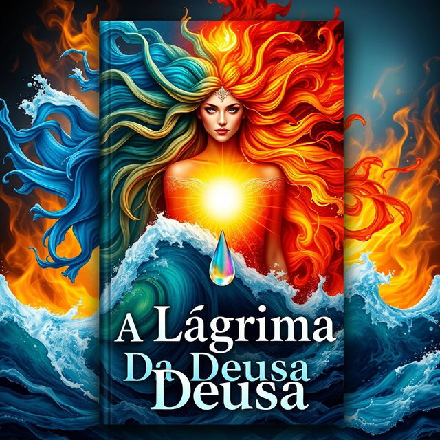 A captivating book cover design for 'A Lágrima da Deusa', emphasizing the elemental themes of fire, water, and the symbolic tear of the goddess