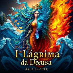 A captivating book cover design for 'A Lágrima da Deusa', emphasizing the elemental themes of fire, water, and the symbolic tear of the goddess