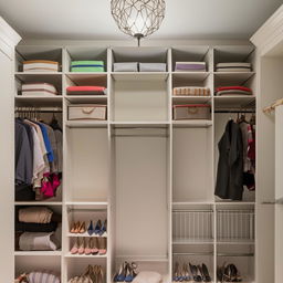 An 8x4 foot his and her closet with an 8-foot ceiling, featuring separate sections for both individuals with ample storage and organization.