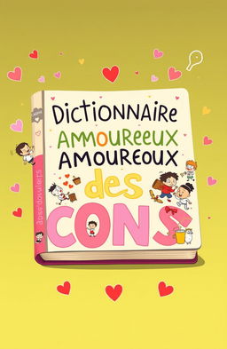 A whimsical and humorous illustration of an imaginative dictionary titled 'Dictionnaire Amoureux des Cons'