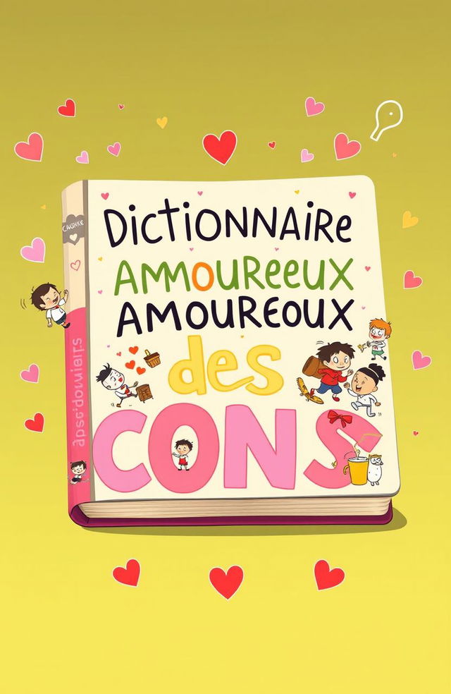 A whimsical and humorous illustration of an imaginative dictionary titled 'Dictionnaire Amoureux des Cons'