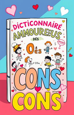 A whimsical and humorous illustration of an imaginative dictionary titled 'Dictionnaire Amoureux des Cons'