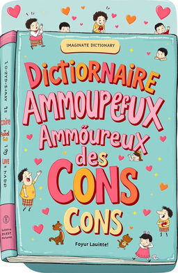 A whimsical and humorous illustration of an imaginative dictionary titled 'Dictionnaire Amoureux des Cons'