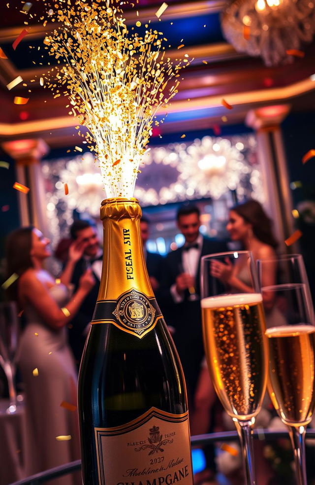 A luxurious celebration scene featuring a bottle of champagne being popped open, with golden bubbles exploding from the top