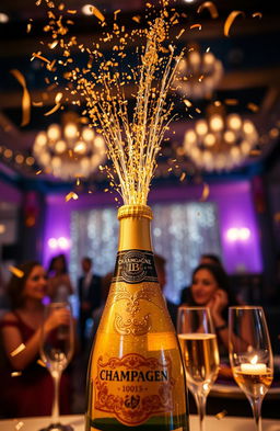 A luxurious celebration scene featuring a bottle of champagne being popped open, with golden bubbles exploding from the top