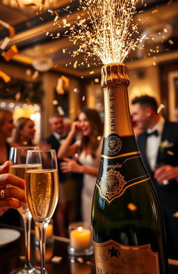 A luxurious celebration scene featuring a bottle of champagne being popped open, with golden bubbles exploding from the top