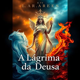 A striking book cover design for 'A Lágrima da Deusa' that vividly represents the themes of fire, water, and tears