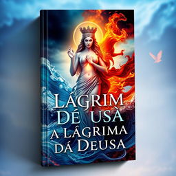A striking book cover design for 'A Lágrima da Deusa' that vividly represents the themes of fire, water, and tears