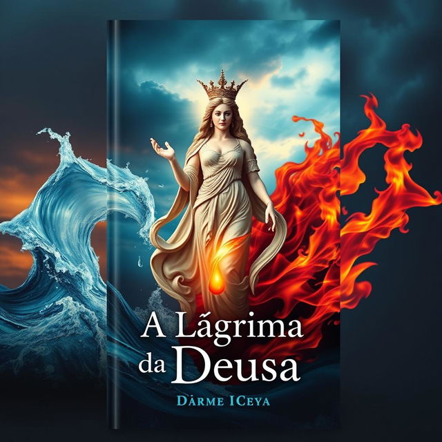 A striking book cover design for 'A Lágrima da Deusa' that vividly represents the themes of fire, water, and tears