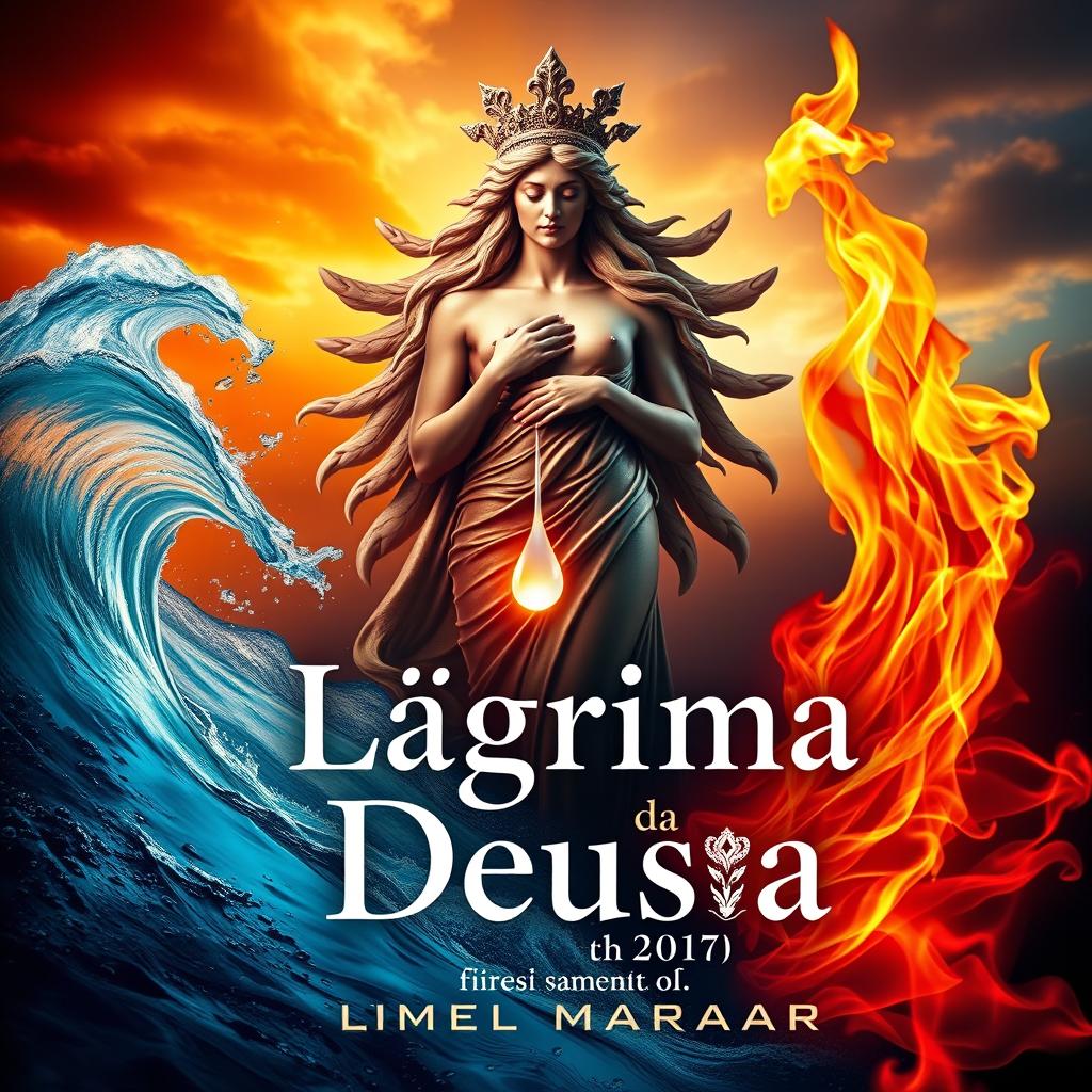 A striking book cover design for 'A Lágrima da Deusa' that vividly represents the themes of fire, water, and tears