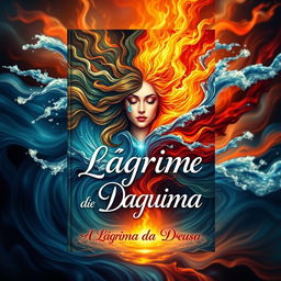 A mesmerizing book cover for 'A Lágrima da Deusa', illustrating the profound themes of fire, water, and tears