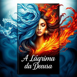 A mesmerizing book cover for 'A Lágrima da Deusa', illustrating the profound themes of fire, water, and tears