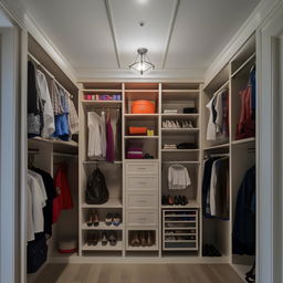 An 8x4 foot his and her closet with an 8-foot ceiling, featuring separate sections for both individuals with ample storage and organization.