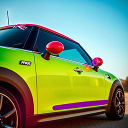 A vibrant green Mini Cooper featuring the Union Jack flag on the roof and mirrors, illuminated by neon lights displaying the same flag
