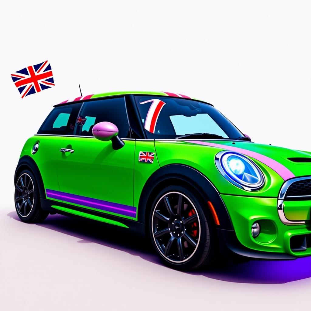 A vibrant green Mini Cooper featuring the Union Jack flag on the roof and mirrors, illuminated by neon lights displaying the same flag