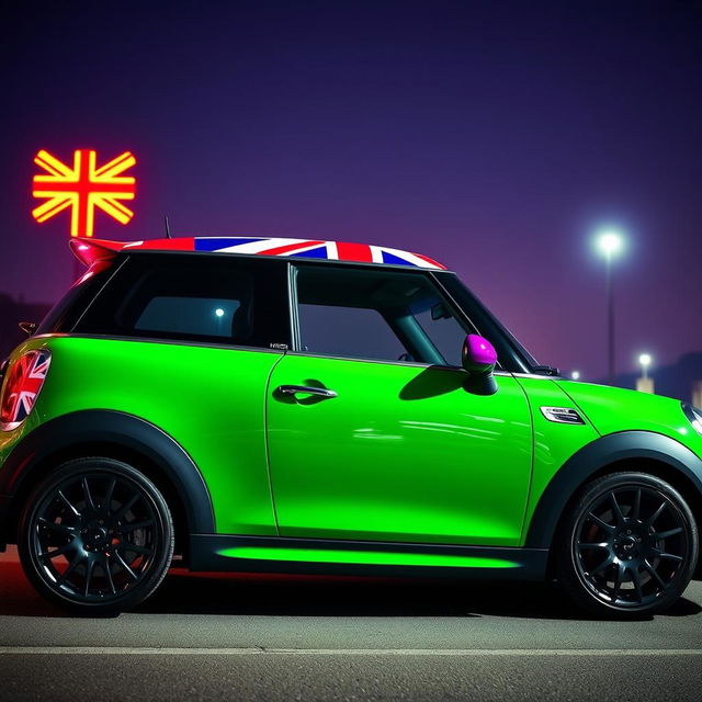 A vibrant green Mini Cooper featuring the Union Jack flag on the roof and mirrors, illuminated by neon lights displaying the same flag