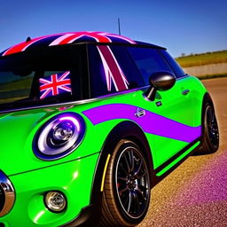A vibrant green Mini Cooper featuring the Union Jack flag on the roof and mirrors, illuminated by neon lights displaying the same flag