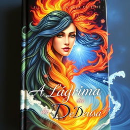 An enchanting book cover for 'A Lágrima da Deusa', illustrating the powerful interplay of fire, water, and tears