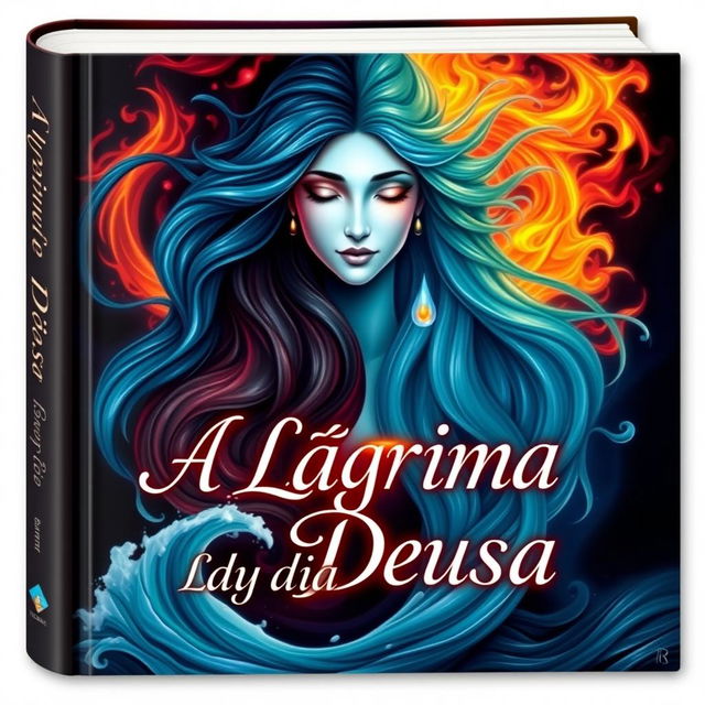 An enchanting book cover for 'A Lágrima da Deusa', illustrating the powerful interplay of fire, water, and tears