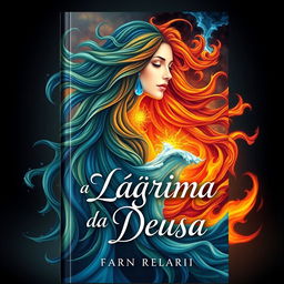 An enchanting book cover for 'A Lágrima da Deusa', illustrating the powerful interplay of fire, water, and tears