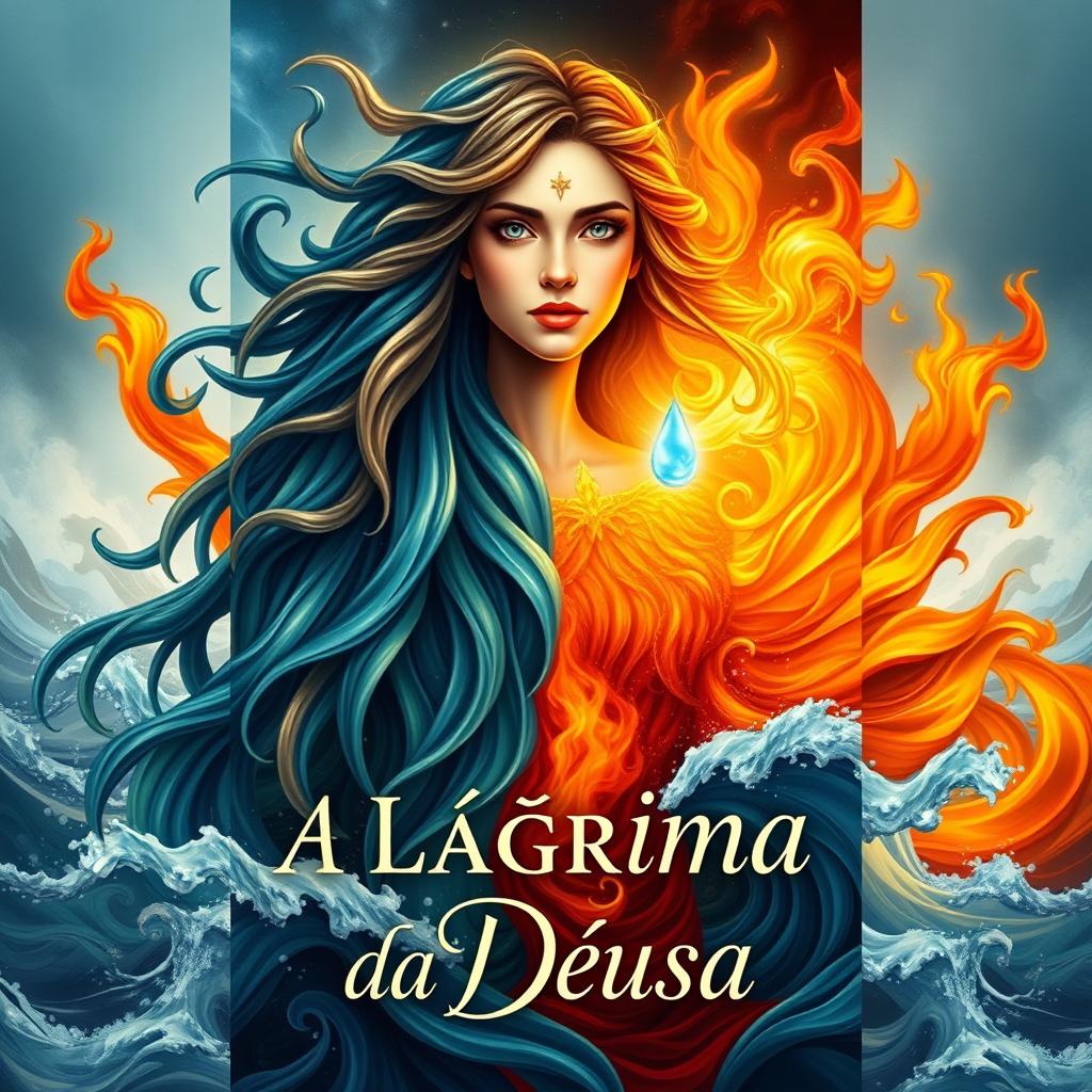 An enchanting book cover for 'A Lágrima da Deusa', illustrating the powerful interplay of fire, water, and tears