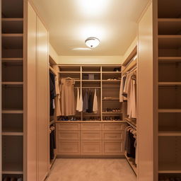 An 8x4 foot his and her closet with an 8-foot ceiling, featuring separate sections for both individuals with ample storage and organization.