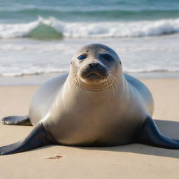 A seal lounging lazily on a tranquil sunlit beach, its eyes closed in peace, seemingly smiling with the waves gently lapping nearby.