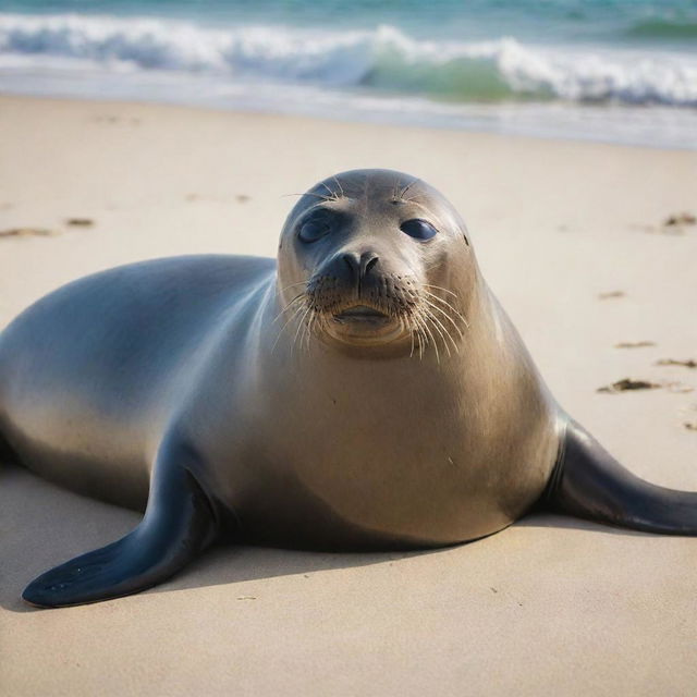 A seal lounging lazily on a tranquil sunlit beach, its eyes closed in peace, seemingly smiling with the waves gently lapping nearby.