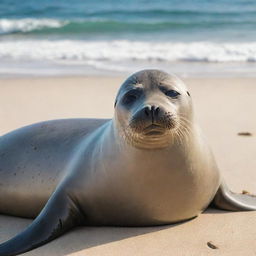 A seal lounging lazily on a tranquil sunlit beach, its eyes closed in peace, seemingly smiling with the waves gently lapping nearby.