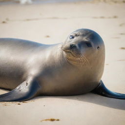 A seal lounging lazily on a tranquil sunlit beach, its eyes closed in peace, seemingly smiling with the waves gently lapping nearby.