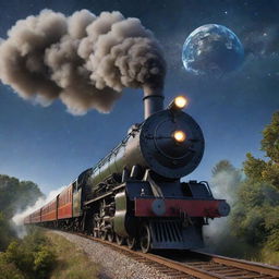 A classic steam space train releasing smoke from its chimney, on tracks floating among the stars, with planet Earth below.