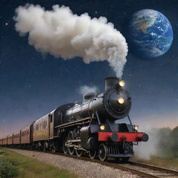 A classic steam space train releasing smoke from its chimney, on tracks floating among the stars, with planet Earth below.