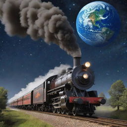 A classic steam space train releasing smoke from its chimney, on tracks floating among the stars, with planet Earth below.