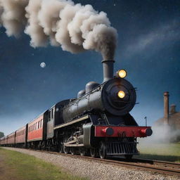 A classic steam space train releasing smoke from its chimney, on tracks floating among the stars, with planet Earth below.