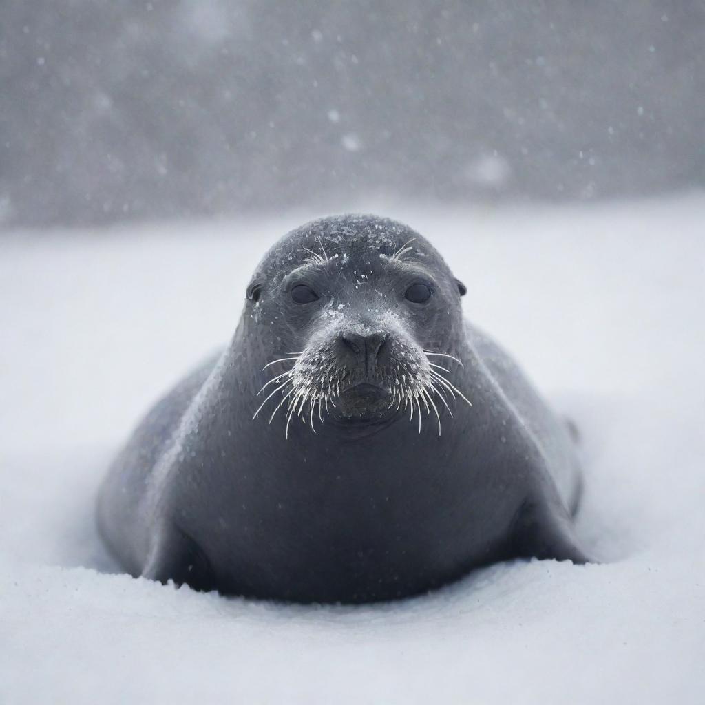 A brave seal enduring a fierce snowstorm, its body half-buried in fresh snow, with snowflakes swirling around it.