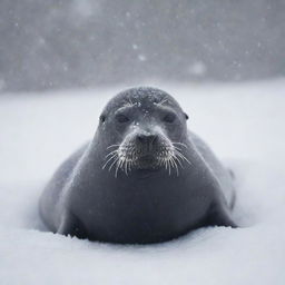 A brave seal enduring a fierce snowstorm, its body half-buried in fresh snow, with snowflakes swirling around it.