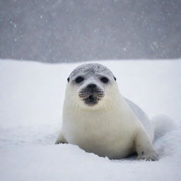 A brave seal enduring a fierce snowstorm, its body half-buried in fresh snow, with snowflakes swirling around it.