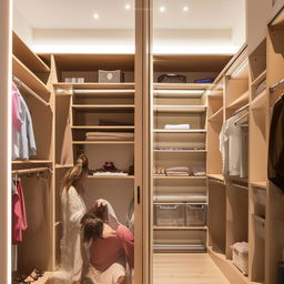 An 8x4 foot his and her closet with an 8-foot ceiling, featuring separate sections for both individuals with ample storage and organization.