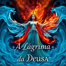 An enchanting book cover for 'A Lágrima da Deusa' that beautifully symbolizes the elements of fire, water, and tears