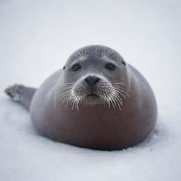 A brave seal enduring a fierce snowstorm, its body half-buried in fresh snow, with snowflakes swirling around it.