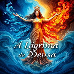 An enchanting book cover for 'A Lágrima da Deusa' that beautifully symbolizes the elements of fire, water, and tears