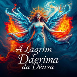 An enchanting book cover for 'A Lágrima da Deusa' that beautifully symbolizes the elements of fire, water, and tears