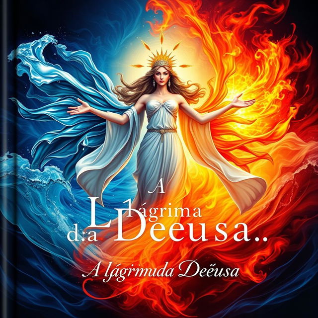 An enchanting book cover for 'A Lágrima da Deusa' that beautifully symbolizes the elements of fire, water, and tears