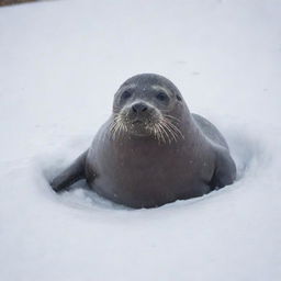 A brave seal enduring a fierce snowstorm, its body half-buried in fresh snow, with snowflakes swirling around it.