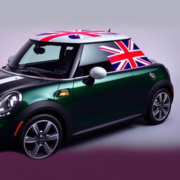 A dark green two-door Mini Cooper featuring a white stripe where the Union Jack flag decorates the roof